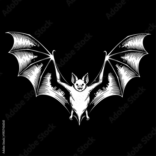 Detailed white silhouette of a flying bat with intricately spread wings, depicted in an engraving style, isolated on a stark black background, evoking a mysterious and nocturnal atmosphere.
