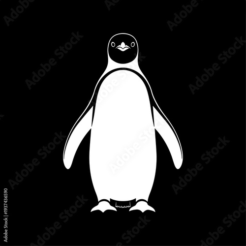 A charming penguin standing upright, presented as a clean white silhouette against a stark black background, representing arctic birds.