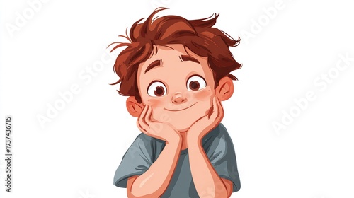 Wallpaper Mural Cheerful young boy with messy brown hair smiling shyly Torontodigital.ca