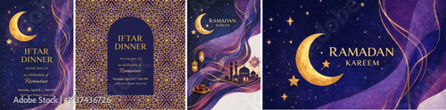 Ramadan kareem vector poster set with golden crescent moon, stars, mosque silhouette and elegant islamic ornaments. Luxury iftar dinner invitation design with purple night sky and festive arabic patte