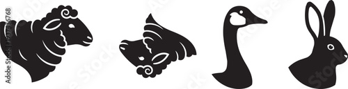 Farm Animal Heads Silhouette: Sheep, Chicken, Goose, Rabbit - Unique Icons