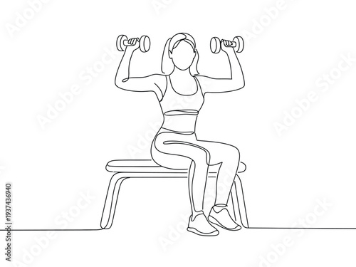Woman Exercising with Dumbbells on Bench, Fitness Illustration in Minimalist Line Art Style