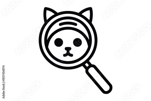 A magnifying glass is focused on a cute cartoon cat's face, symbolizing investigation and curiosity.