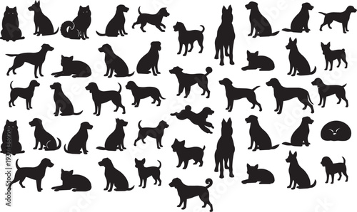 Diverse Dog and Cat Silhouettes: Poses and Activities