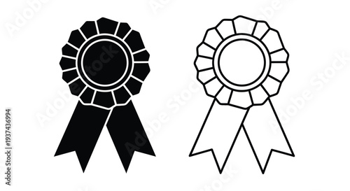 Set of 2 Black and White Award Ribbon Rosette Icons with Hanging Ribbons, Solid Fill and Outline Vector Design for Achievement and Quality Recognition