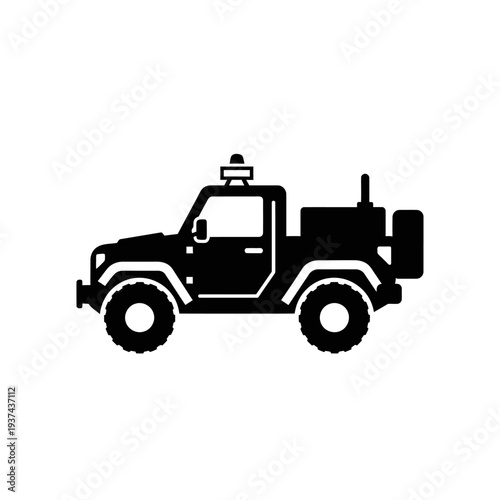 Black and white illustration of a military all-terrain vehicle with a communication antenna and a spare tire on the back