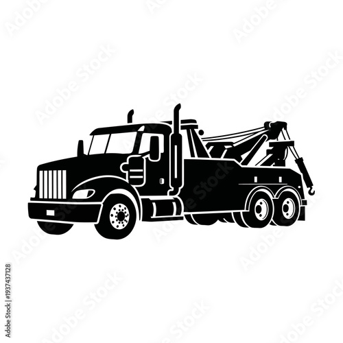 Black and white illustration of a heavy-duty wrecker tow truck with a raised boom and towing equipment