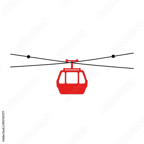 Minimalist red cable car icon with black lines, symbolizing scenic mountain transport and elevated travel. A clean graphic representing aerial adventure and accessibility over varied terrains