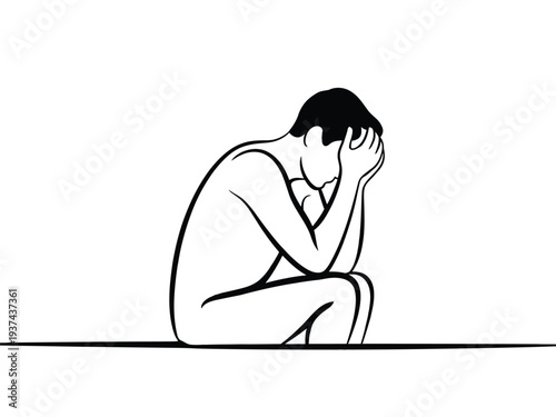 Sad Man Sitting Alone in Minimalist Line Art Illustration with White Background Feeling Depressed