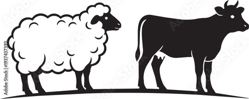 Farm animal silhouettes: fluffy sheep and a cow, vector art for agriculture or branding.