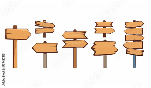 Colorful cartoon wooden arrow signs vector set with blank rustic direction boards isolated on white