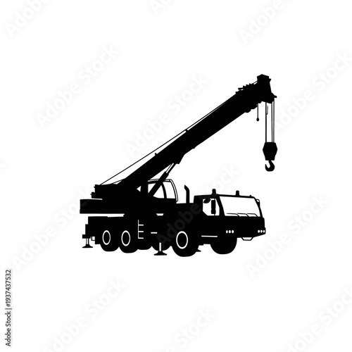 Silhouette of a heavy-duty mobile crane with a long boom and hook, ready for construction work on a white background