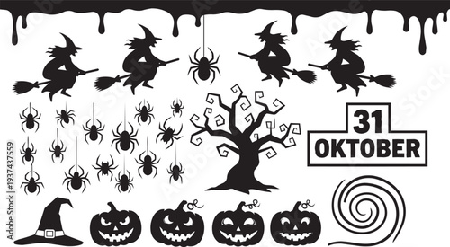 Spooky Halloween vector silhouette set: witches, spiders, pumpkins, and haunted tree.