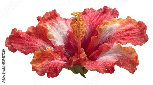 Vibrant Red and White Hibiscus Flower Isolated on a White Background.
