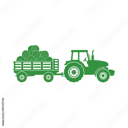 Green tractor with trailer full of hay bales on a white background, symbolizing agriculture and rural transportation