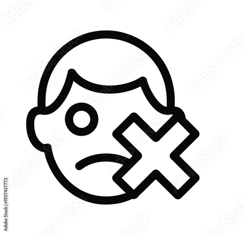 A stylized icon depicts a sad face with a red cross marking over its cheek, symbolizing rejection or disapproval.