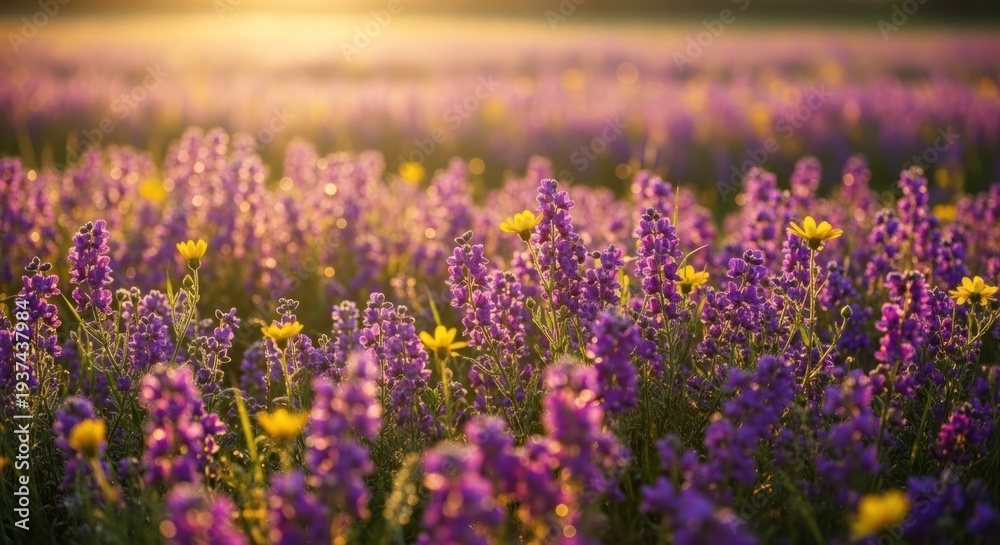 Fototapeta premium Lavender Field with Wildflowers at Sunset.
