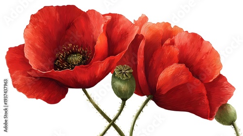 Vibrant Red Poppies with Green Seed Pods on White Background.