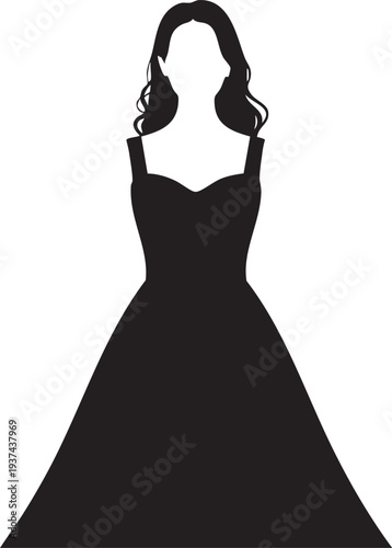 Woman in elegant black evening dress standing alone in a minimalist white room with subtle shadows