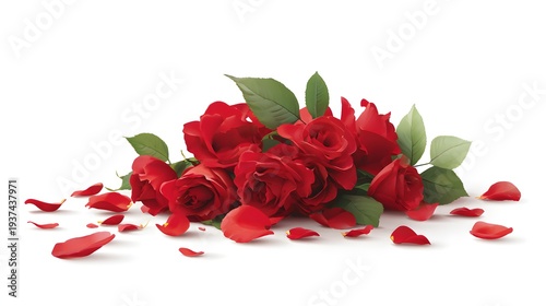 Vibrant Red Roses and Scattered Petals on a Pristine White Background.