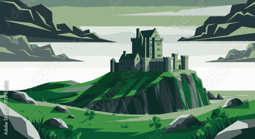 Medieval castle on a green hill by a serene lake with mountains