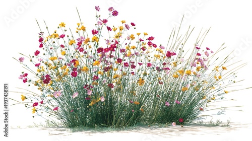 Vibrant Wildflower Bush with Red and Yellow Blooms on White Background.