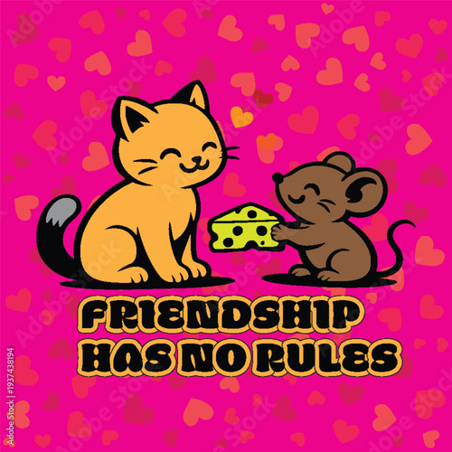 A playful black-and-white illustration capturing the charm of an unexpected friendship. A curious mouse offers a piece of cheese to a happy cat, turning a classic rivalry into a heartwarming moment th