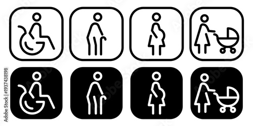 Priority access icon set. Pictograms showing priority service for disabled wheelchair user, elderly person with walking stick, pregnant woman and parent with baby stroller for public space.