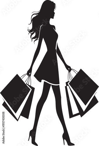 Woman carrying multiple shopping bags in black silhouette walking alone on white background