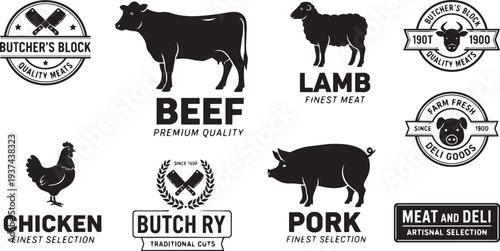 Vintage Butcher Shop Meat Labels with Cow Pig Chicken and Lamb Silhouettes