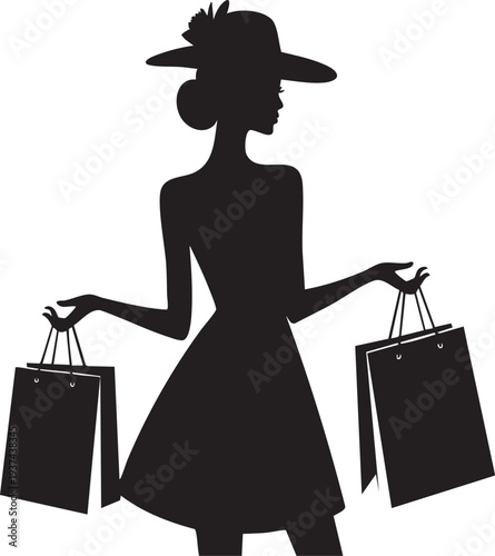Woman in silhouette holding shopping bags and  wearing a hat