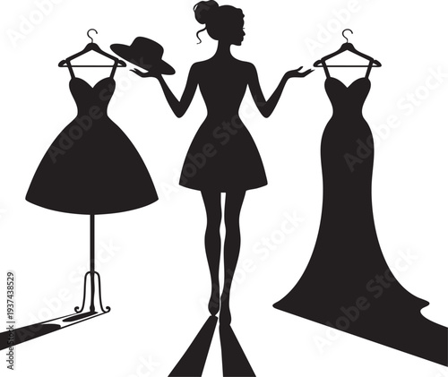 Woman in silhouette choosing fashion clothes and hat in modern style