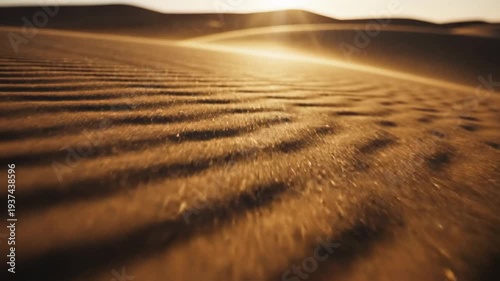 Arid desert dunes ripple with golden sand as sun crests horizon, hazy and warm