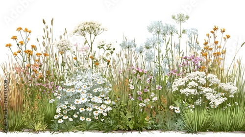 Watercolor painting of a vibrant wildflower meadow with various blossoms and grasses.