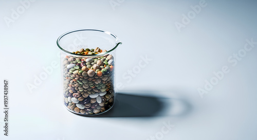Clear laboratory beaker half‑filled with mixed dry legumes standing near the bottom center of a sterile white surface, large empty upper area used as negative space for research or food science text.