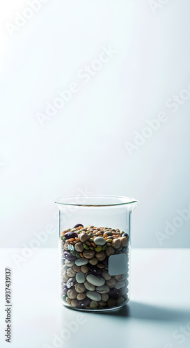 Clear laboratory beaker half‑filled with mixed dry legumes standing near the bottom center of a sterile white surface, large empty upper area used as negative space for research or food science text.