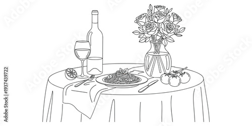 Romantic dinner table, spaghetti plate, wine bottle, wine glass, lemon slice, tomato bunch, rose vase, cozy dining, flat vector illustration