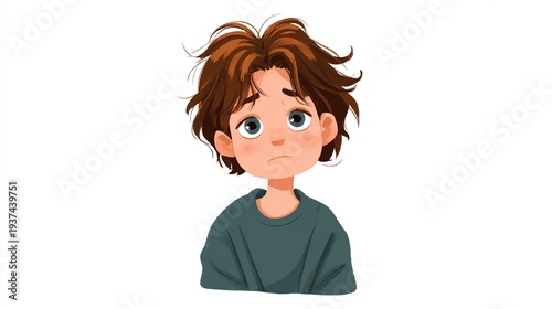 Wallpaper Mural Sad young boy with messy brown hair and green shirt Torontodigital.ca