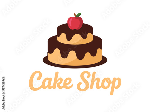 Chocolate Cake with Red Apple on Top, Cake Shop Logo Illustration