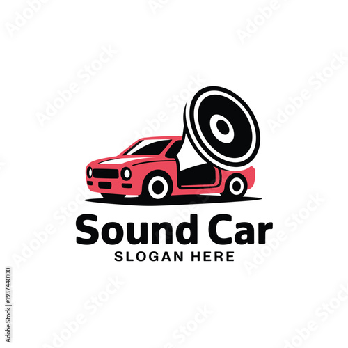 Red Car with Speaker Logo Design for Sound Car Slogan