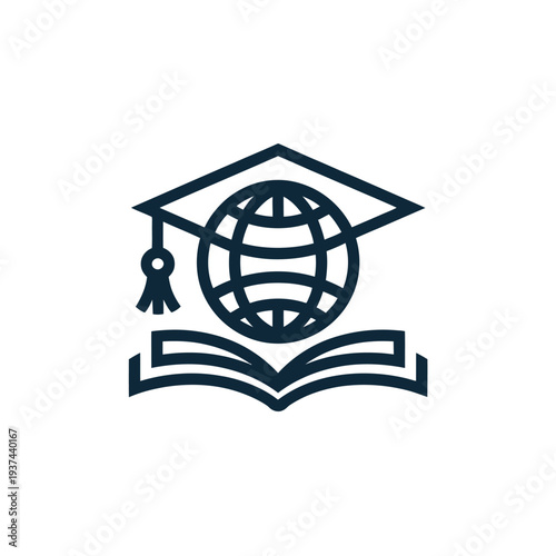 Education Icon with Graduation Cap, Globe, and Open Book on White Background
