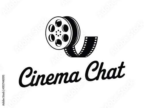 Cinema Chat Logo with Film Reel and Strip on White Background