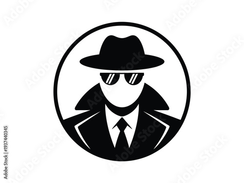 Black and White Illustration of a Secret Agent or Spy in a Circular Frame Silhouette