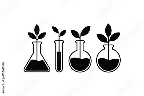 Laboratory Equipment with Growing Plants in Beakers and Test Tubes, Botany Science Illustration