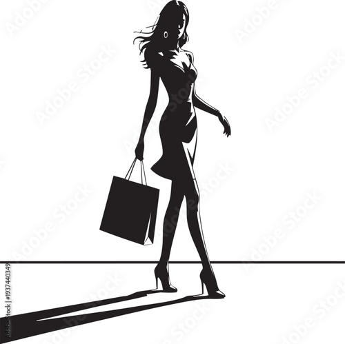 Woman walking with shopping bag in hand silhouette against light background modern lifestyle and fashion concept