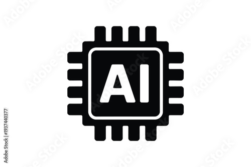 Black and White AI Chip Icon with Bold White Letters on Solid Background