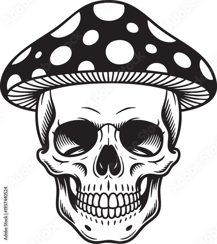 Detailed illustration of a skull wearing a mushroom cap with white spots on a plain background
