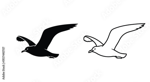 Set of 2 Flying Seagull Icons Vector in Solid Black Silhouette and Outline Style for Coastal, Nature, and Freedom Designs
