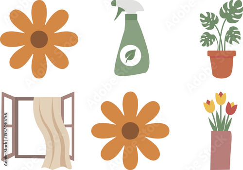 spring cleaning and home decor icon set with flowers daisies tulips spray bottle plant pot open window curtains fresh air vector illustration collection
