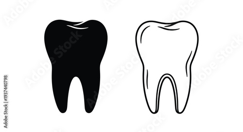 Set of 2 Dental Tooth Icons Vector: Black Silhouette and Outline Design for Oral Health, Dentistry, and Hygiene Concepts